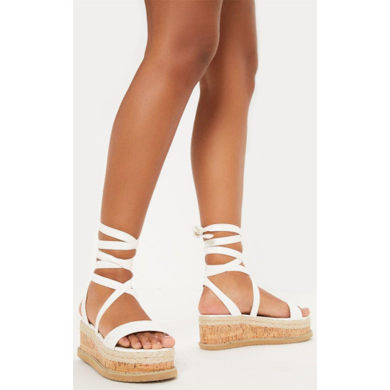 Ladies white Flatform Cork Espadrille Wedge Sandals Ankle Lace Up Ladies white Flatform Cork Espadrille Wedge Sandals Ankle Lace Up